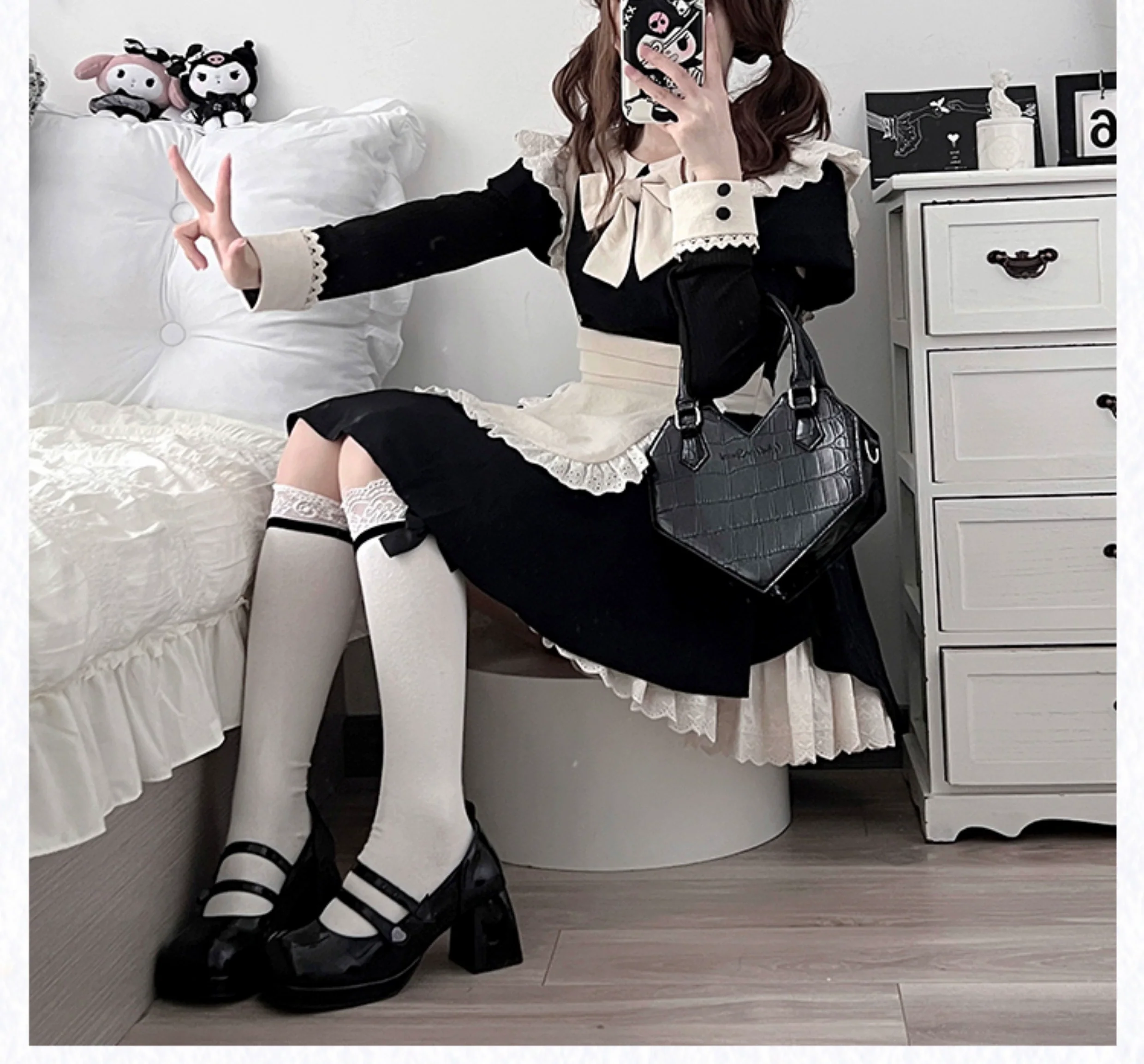 With PUJI - Kiss Kiss - Vintage Lolita OP Dress Maid Lolita Apron Dress - Image 11