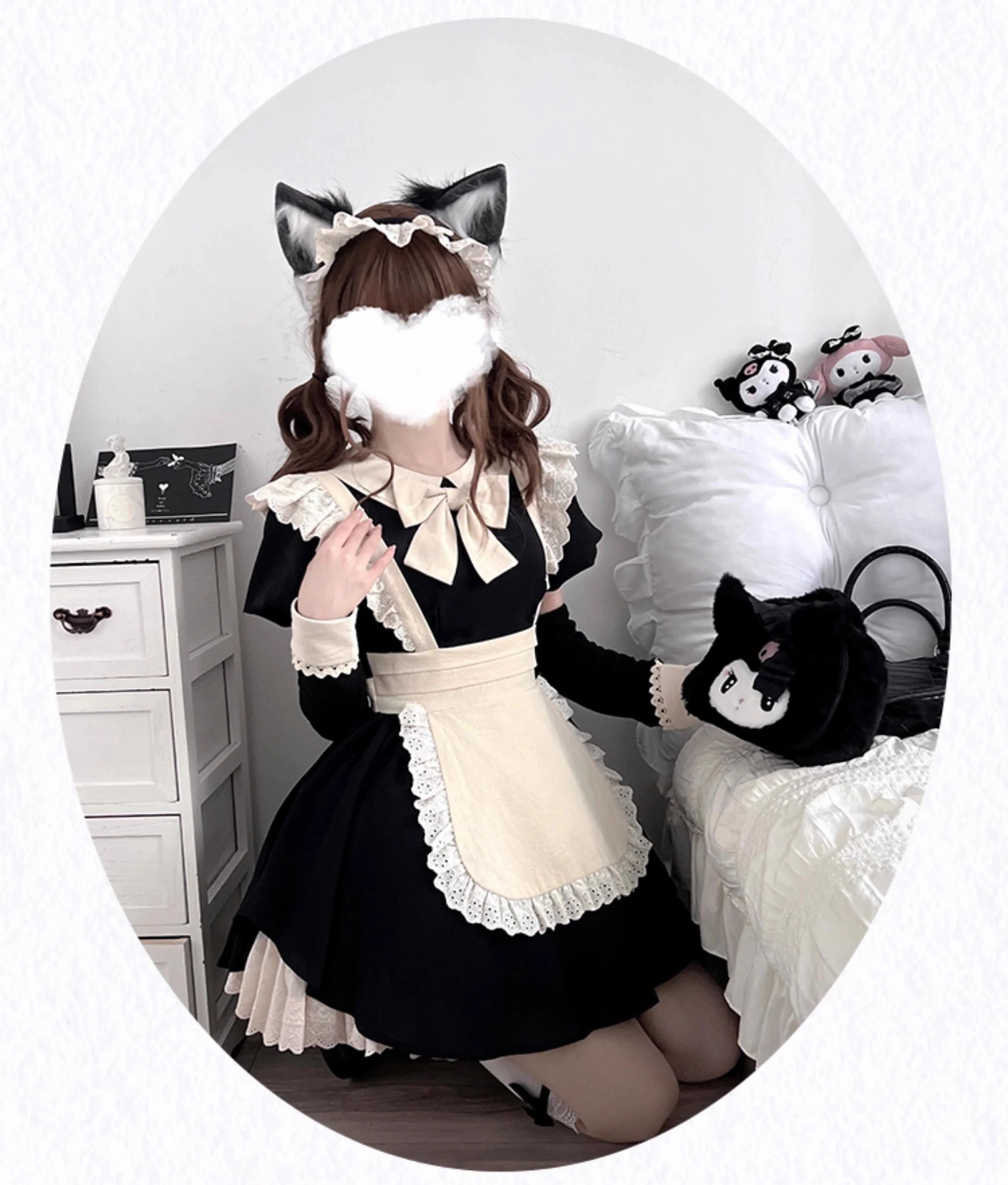 With PUJI - Kiss Kiss - Vintage Lolita OP Dress Maid Lolita Apron Dress - Image 12