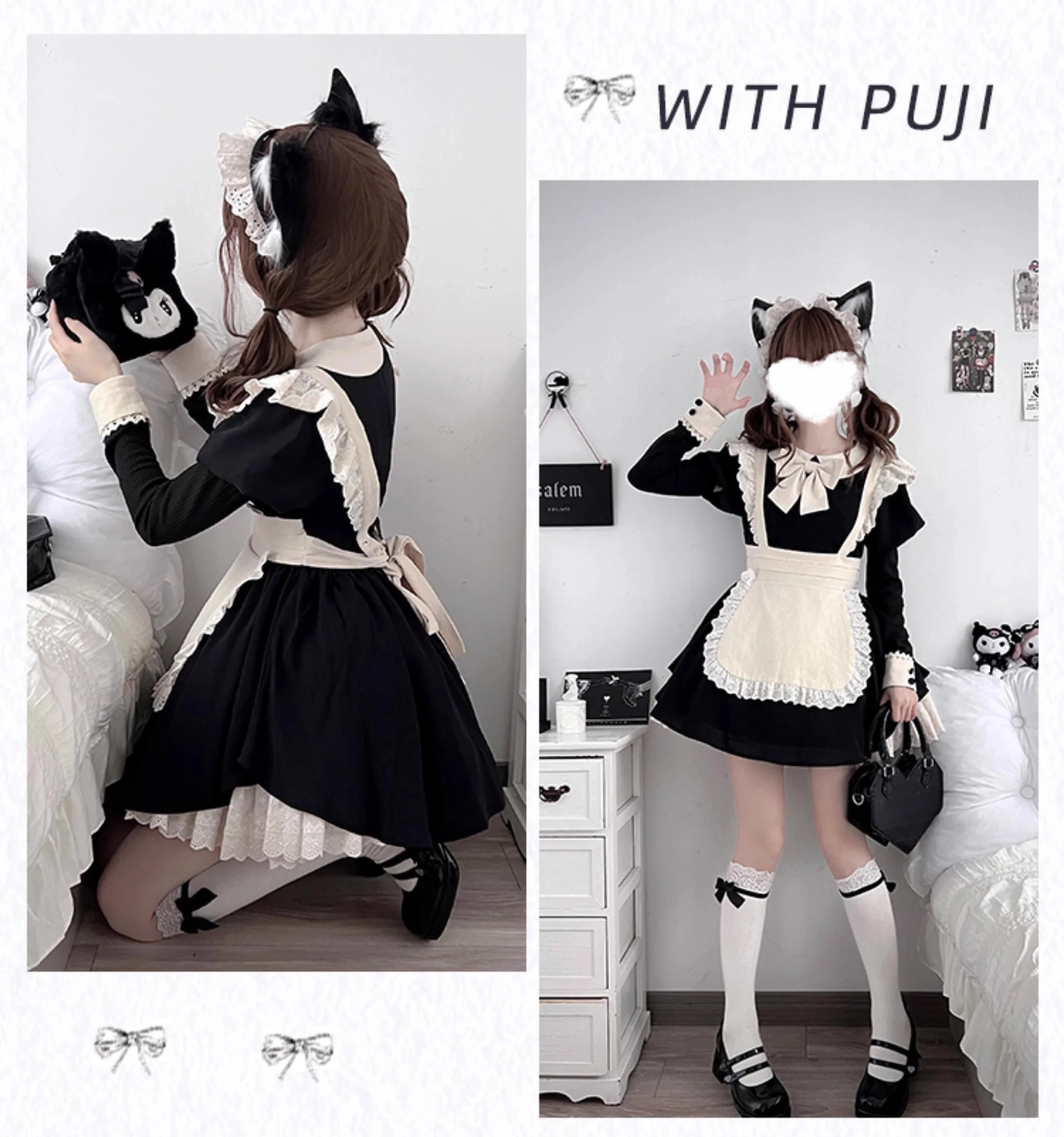 With PUJI - Kiss Kiss - Vintage Lolita OP Dress Maid Lolita Apron Dress - Image 13