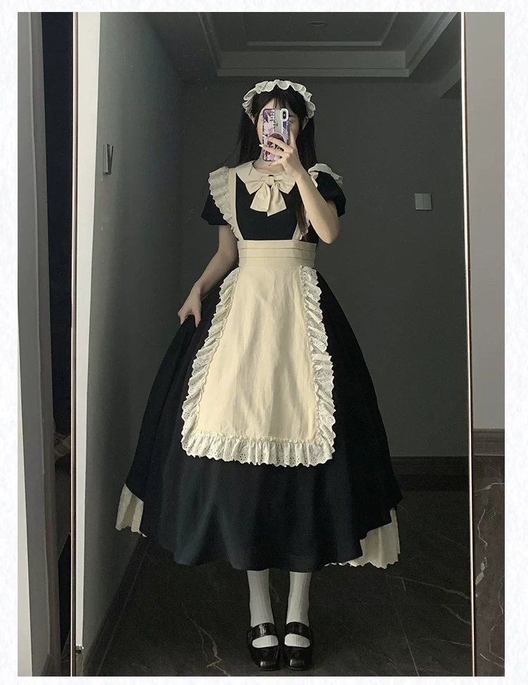 With PUJI - Kiss Kiss - Vintage Lolita OP Dress Maid Lolita Apron Dress - Image 14