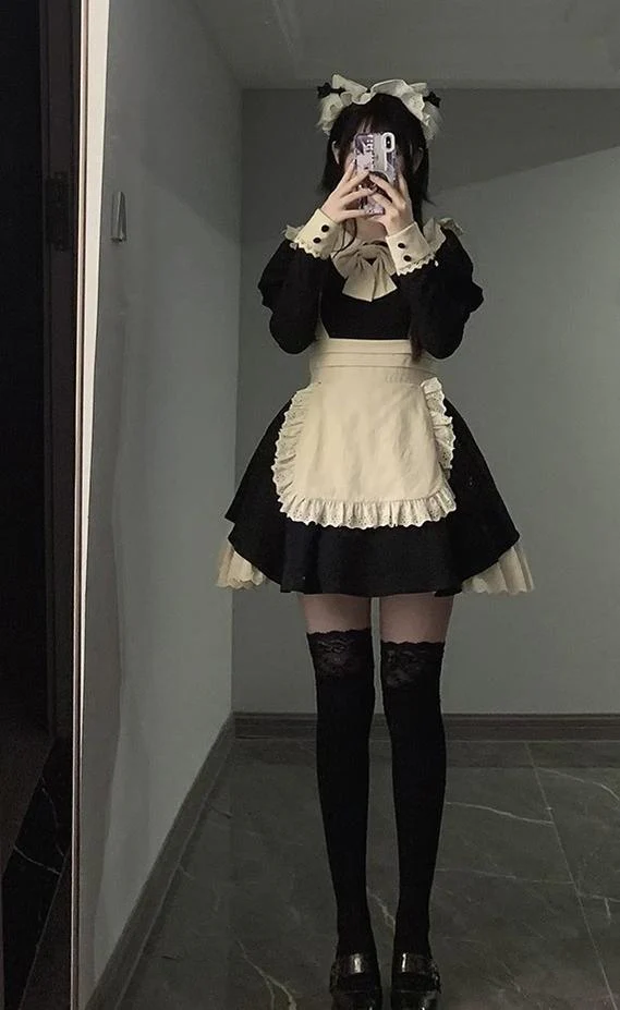 With PUJI - Kiss Kiss - Vintage Lolita OP Dress Maid Lolita Apron Dress - Image 15