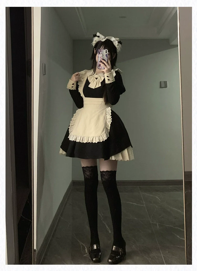 With PUJI - Kiss Kiss - Vintage Lolita OP Dress Maid Lolita Apron Dress - Image 16