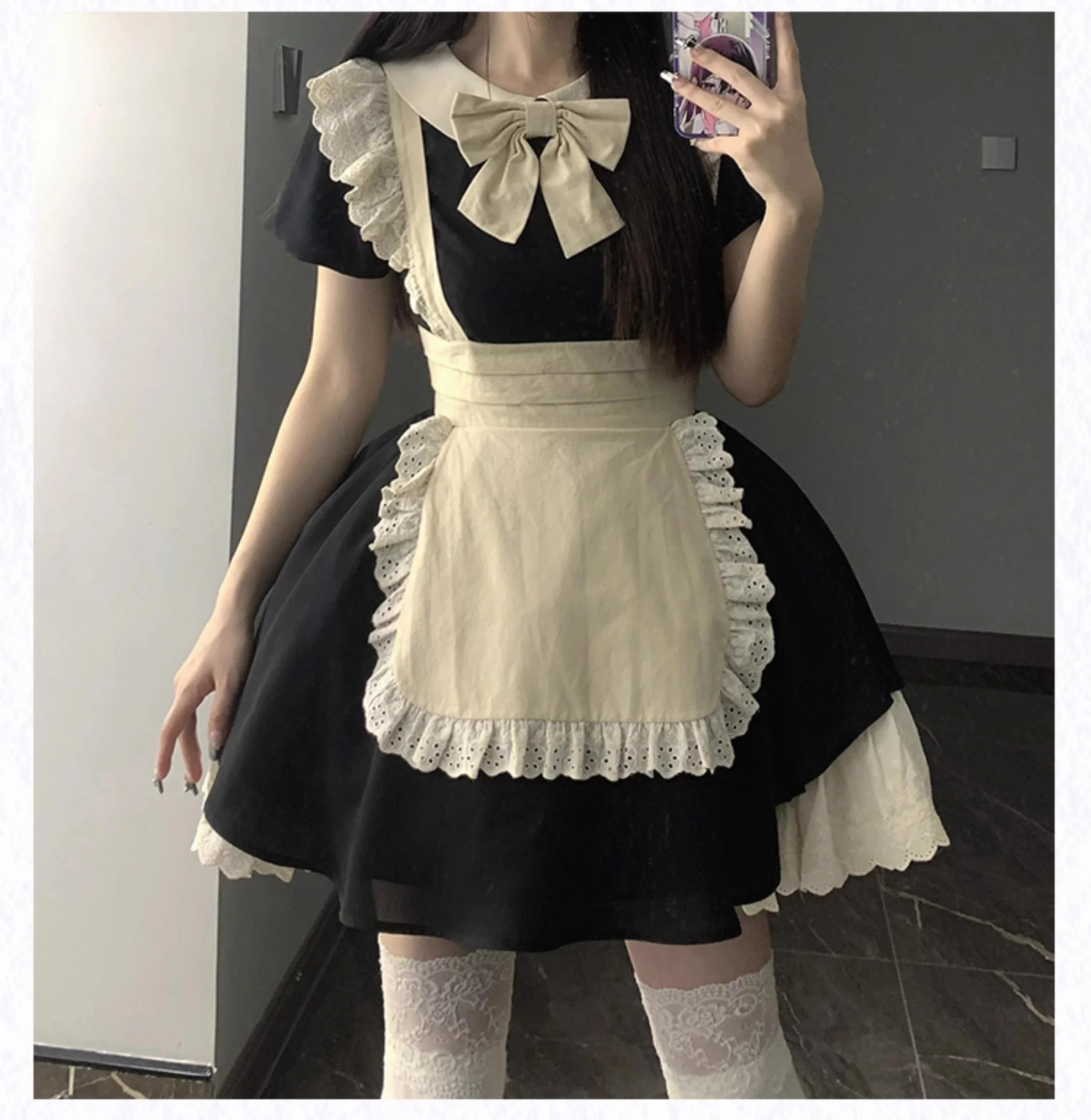 With PUJI - Kiss Kiss - Vintage Lolita OP Dress Maid Lolita Apron Dress - Image 18