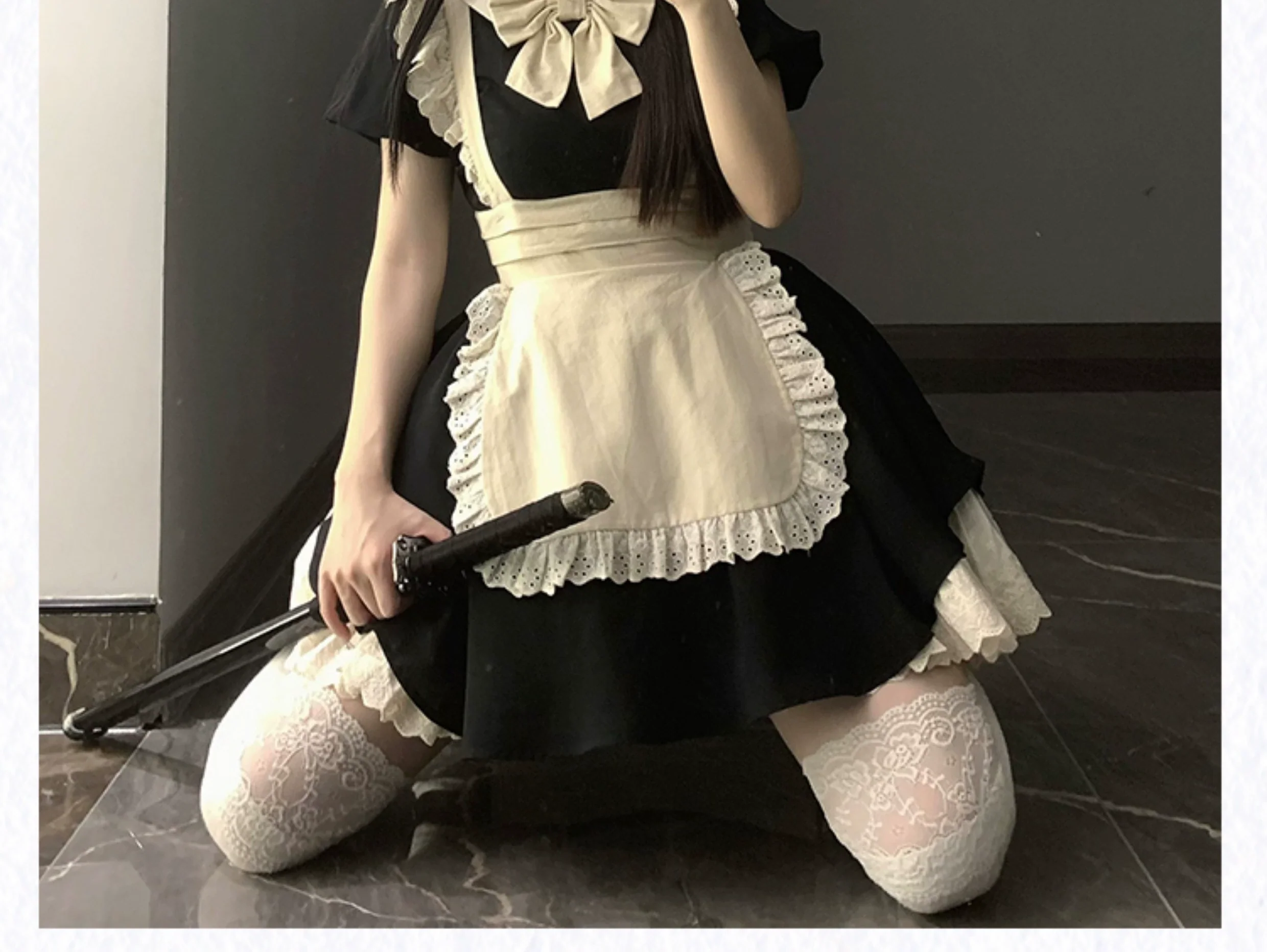 With PUJI - Kiss Kiss - Vintage Lolita OP Dress Maid Lolita Apron Dress - Image 19