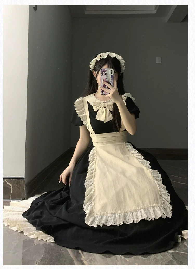 With PUJI - Kiss Kiss - Vintage Lolita OP Dress Maid Lolita Apron Dress - Image 20