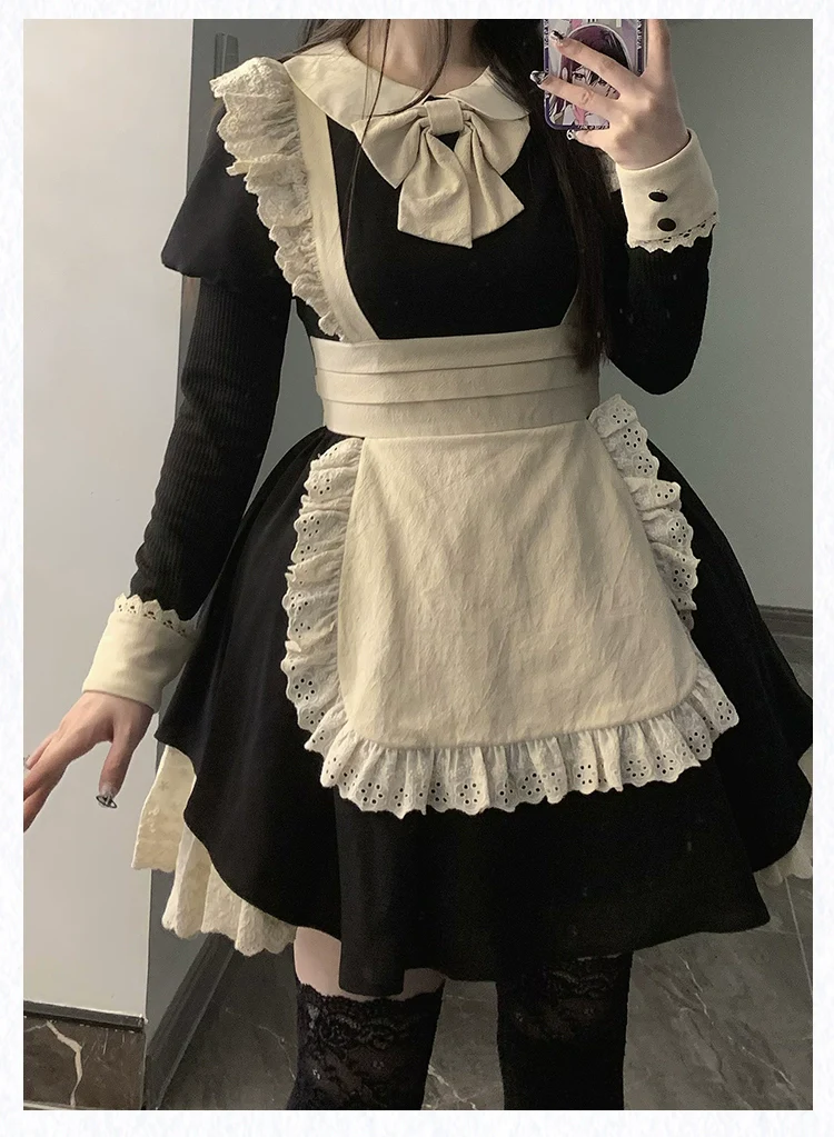 With PUJI - Kiss Kiss - Vintage Lolita OP Dress Maid Lolita Apron Dress - Image 21