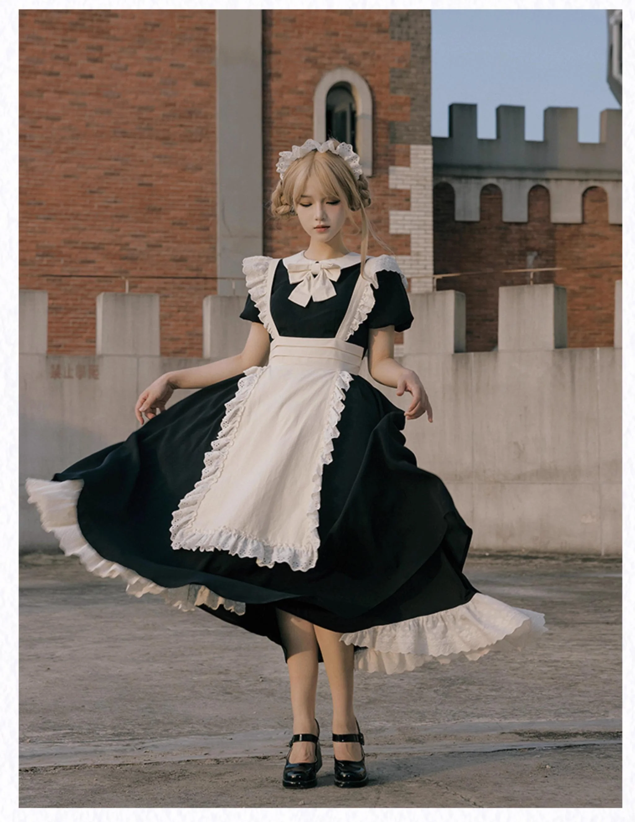 With PUJI - Kiss Kiss - Vintage Lolita OP Dress Maid Lolita Apron Dress - Image 23