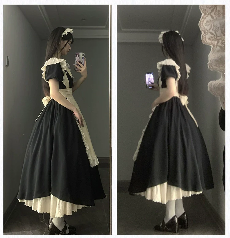 With PUJI - Kiss Kiss - Vintage Lolita OP Dress Maid Lolita Apron Dress - Image 26