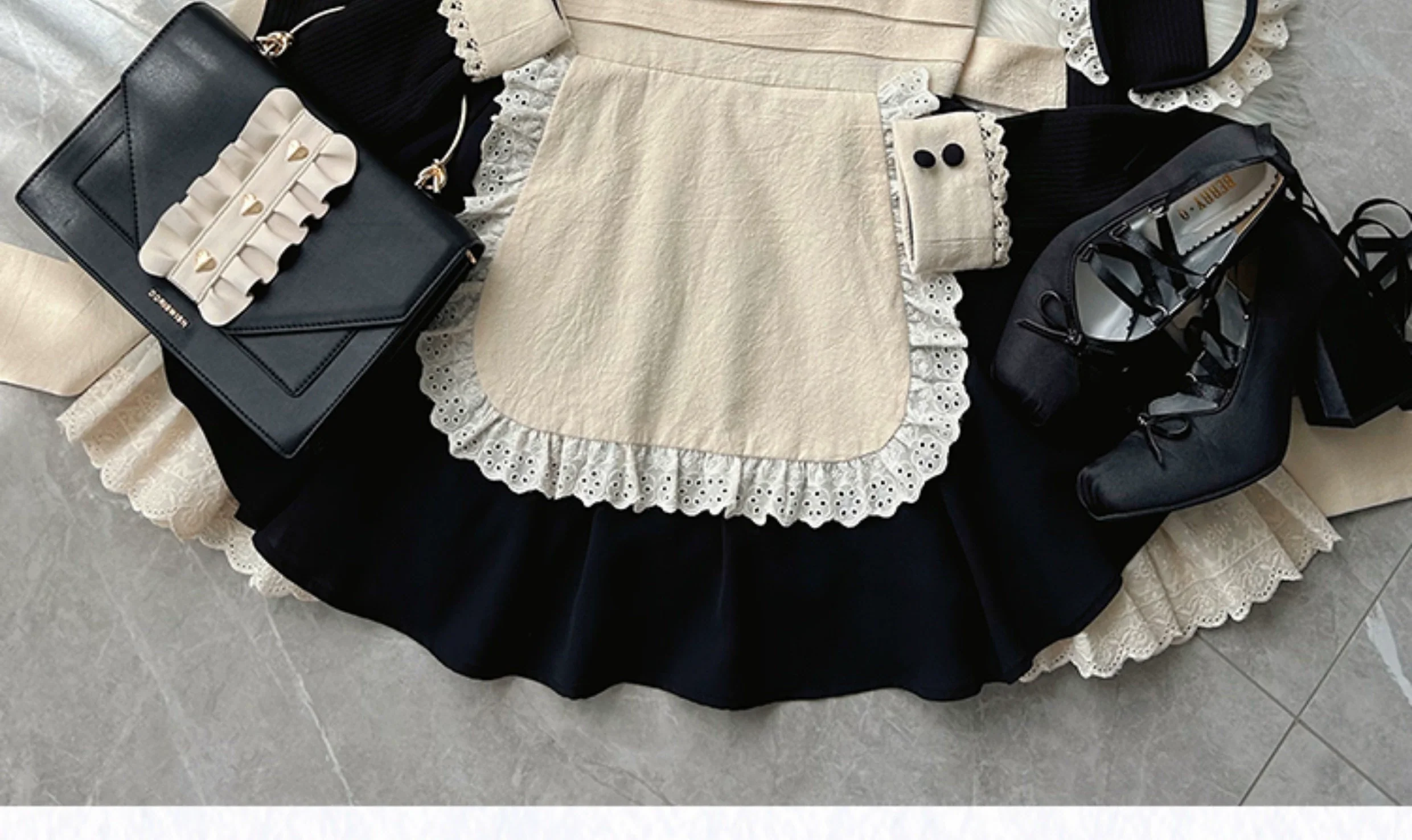 With PUJI - Kiss Kiss - Vintage Lolita OP Dress Maid Lolita Apron Dress - Image 27