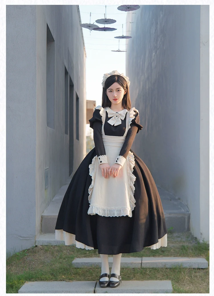With PUJI - Kiss Kiss - Vintage Lolita OP Dress Maid Lolita Apron Dress - Image 5