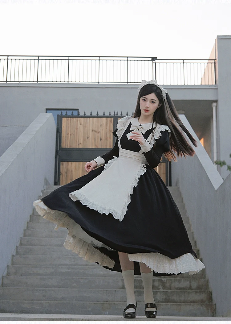 With PUJI - Kiss Kiss - Vintage Lolita OP Dress Maid Lolita Apron Dress - Image 6