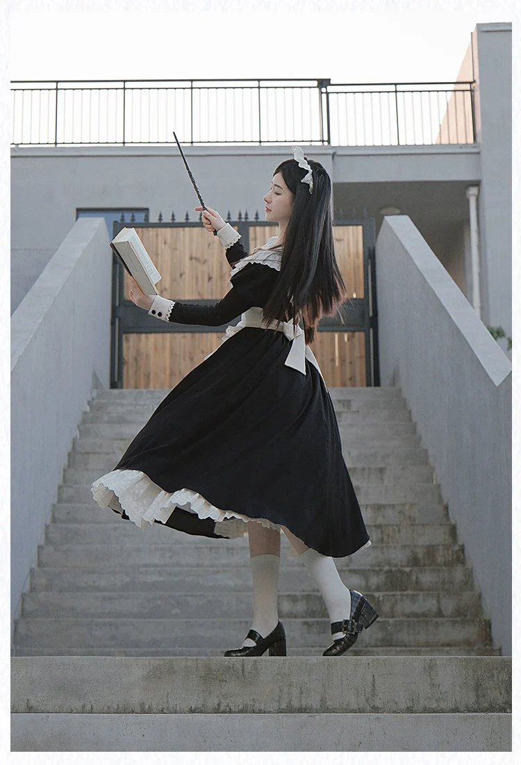 With PUJI - Kiss Kiss - Vintage Lolita OP Dress Maid Lolita Apron Dress - Image 7