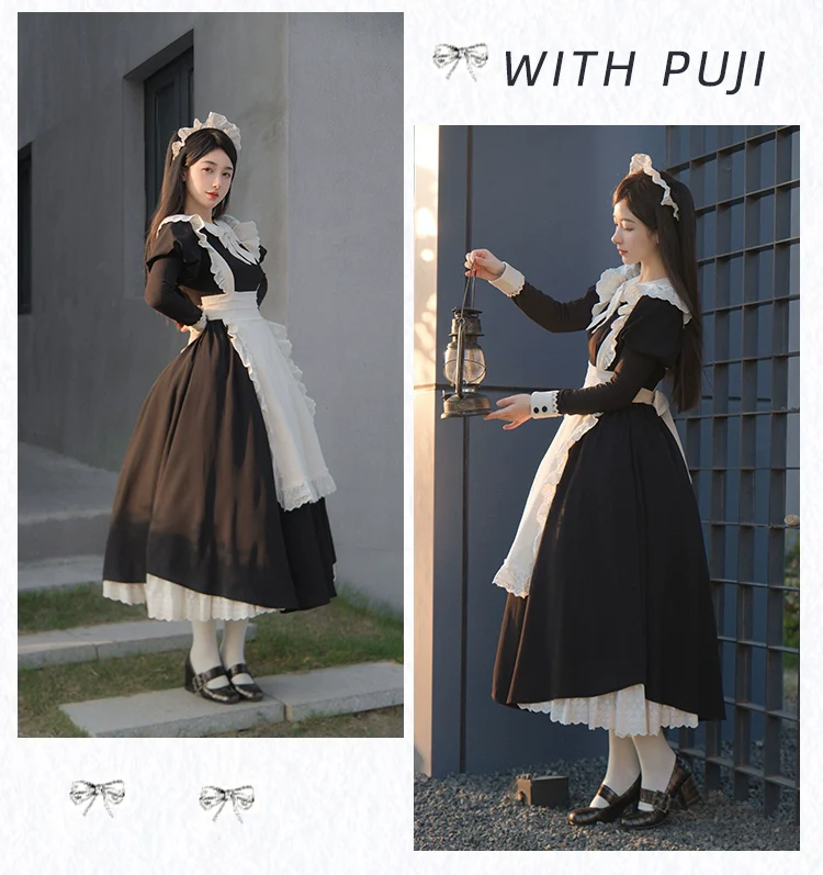 With PUJI - Kiss Kiss - Vintage Lolita OP Dress Maid Lolita Apron Dress - Image 8