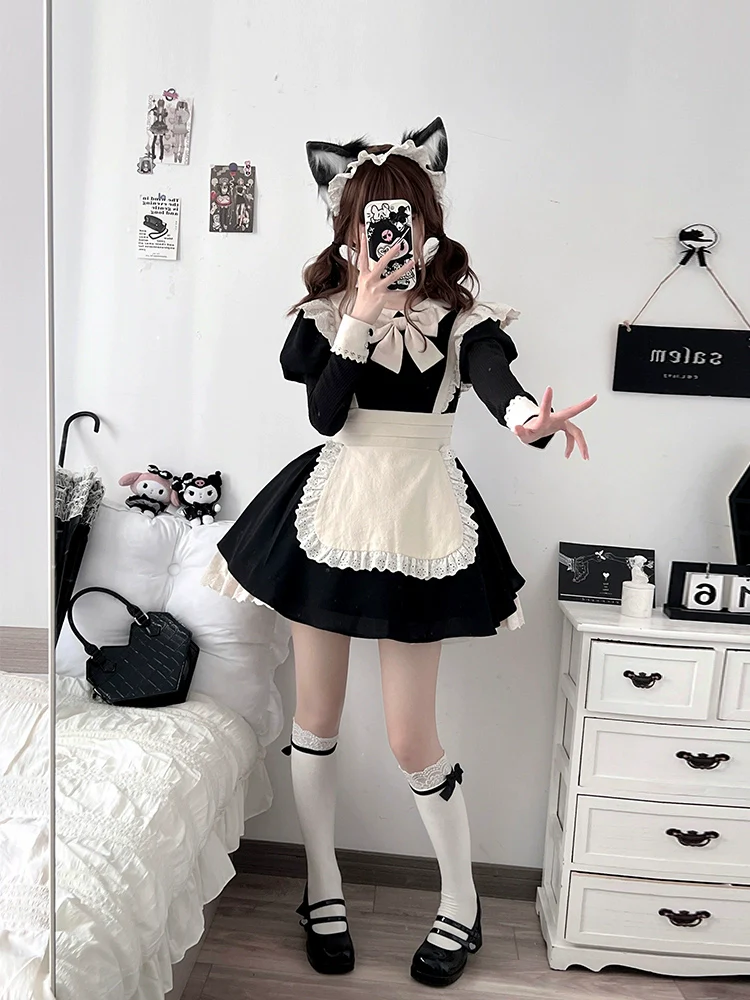 With PUJI - Kiss Kiss - Vintage Lolita OP Dress Maid Lolita Apron Dress - Image 9