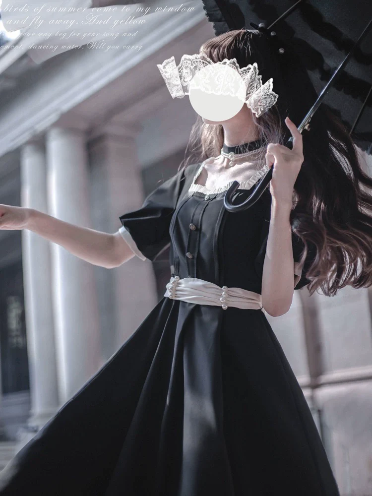 HuTaoMuJK - Thoughts - Vintage Lolita OP Dress Square Neckline Black Lolita Dress - Image 10