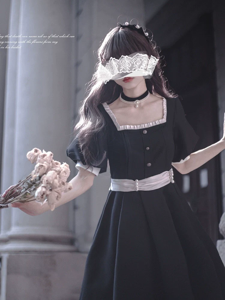 HuTaoMuJK - Thoughts - Vintage Lolita OP Dress Square Neckline Black Lolita Dress - Image 12