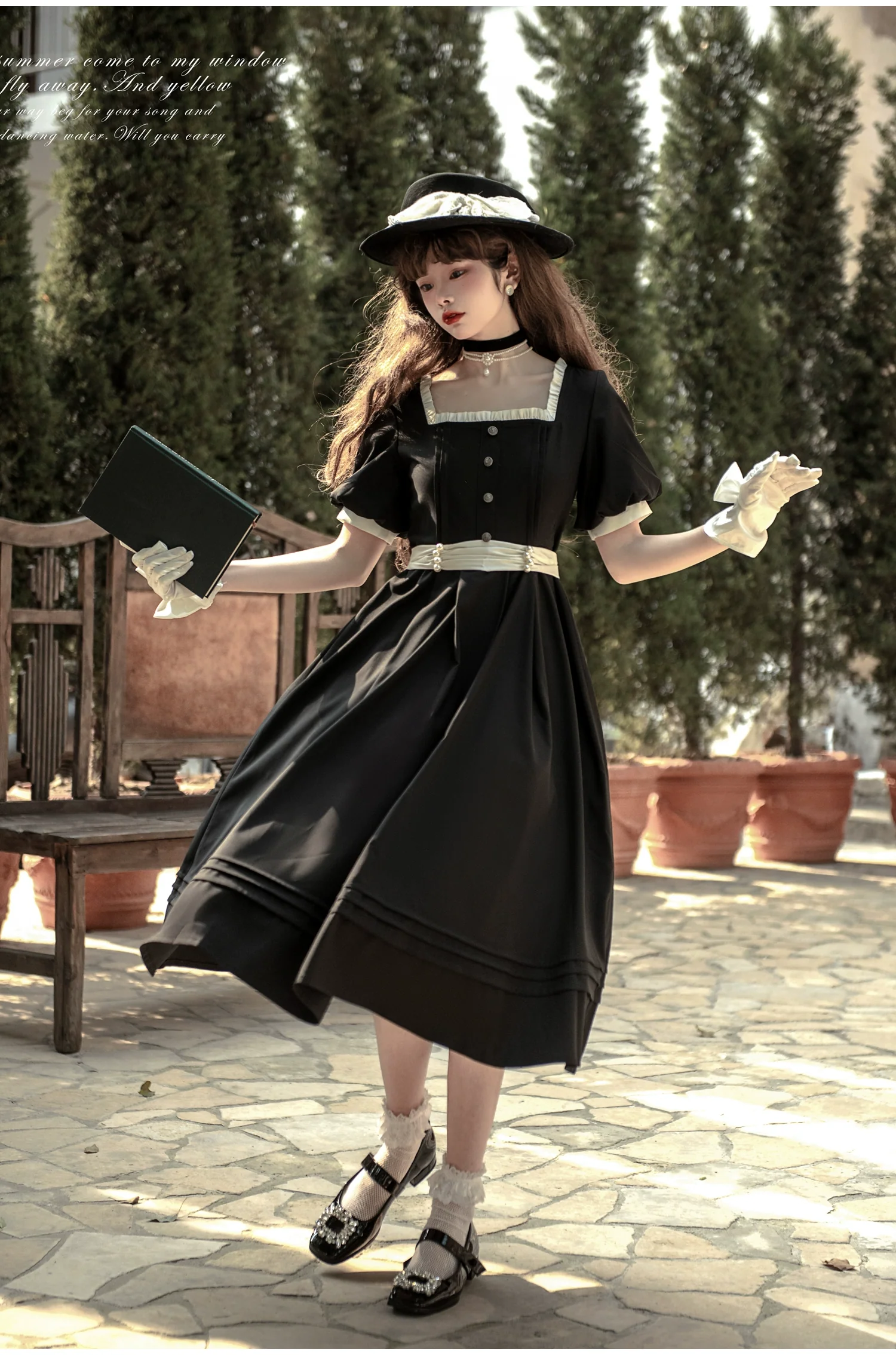 HuTaoMuJK - Thoughts - Vintage Lolita OP Dress Square Neckline Black Lolita Dress - Image 3