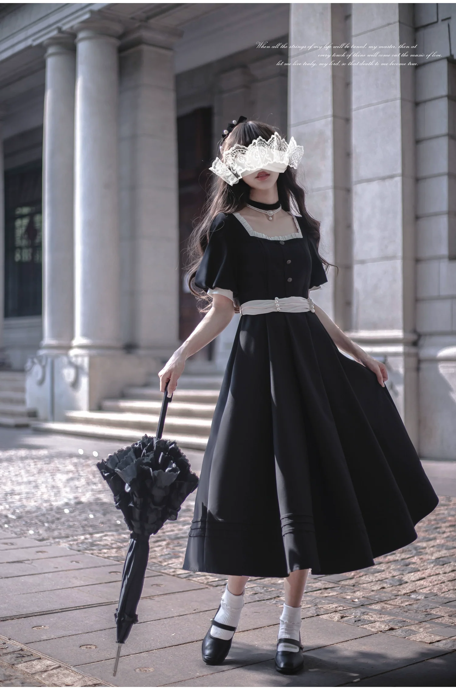 HuTaoMuJK - Thoughts - Vintage Lolita OP Dress Square Neckline Black Lolita Dress - Image 34