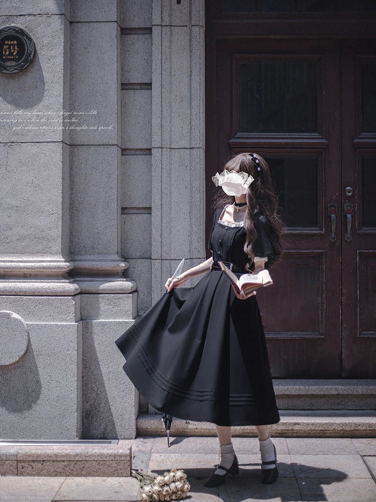 HuTaoMuJK - Thoughts - Vintage Lolita OP Dress Square Neckline Black Lolita Dress - Image 35