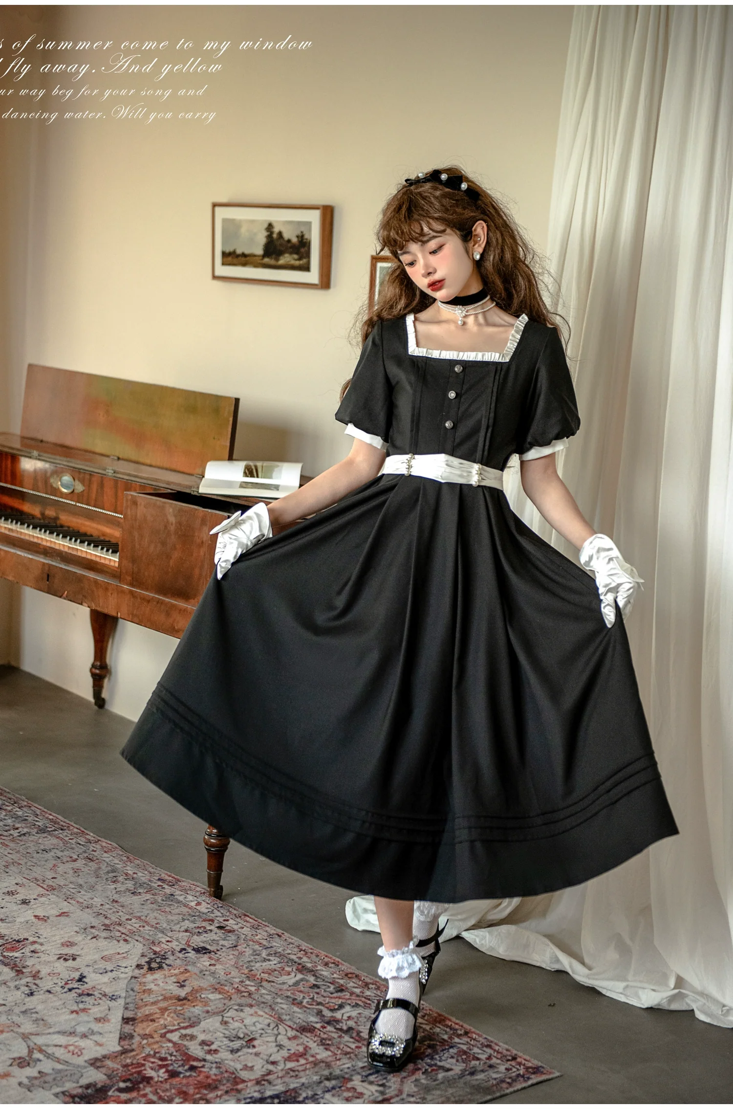 HuTaoMuJK - Thoughts - Vintage Lolita OP Dress Square Neckline Black Lolita Dress - Image 7