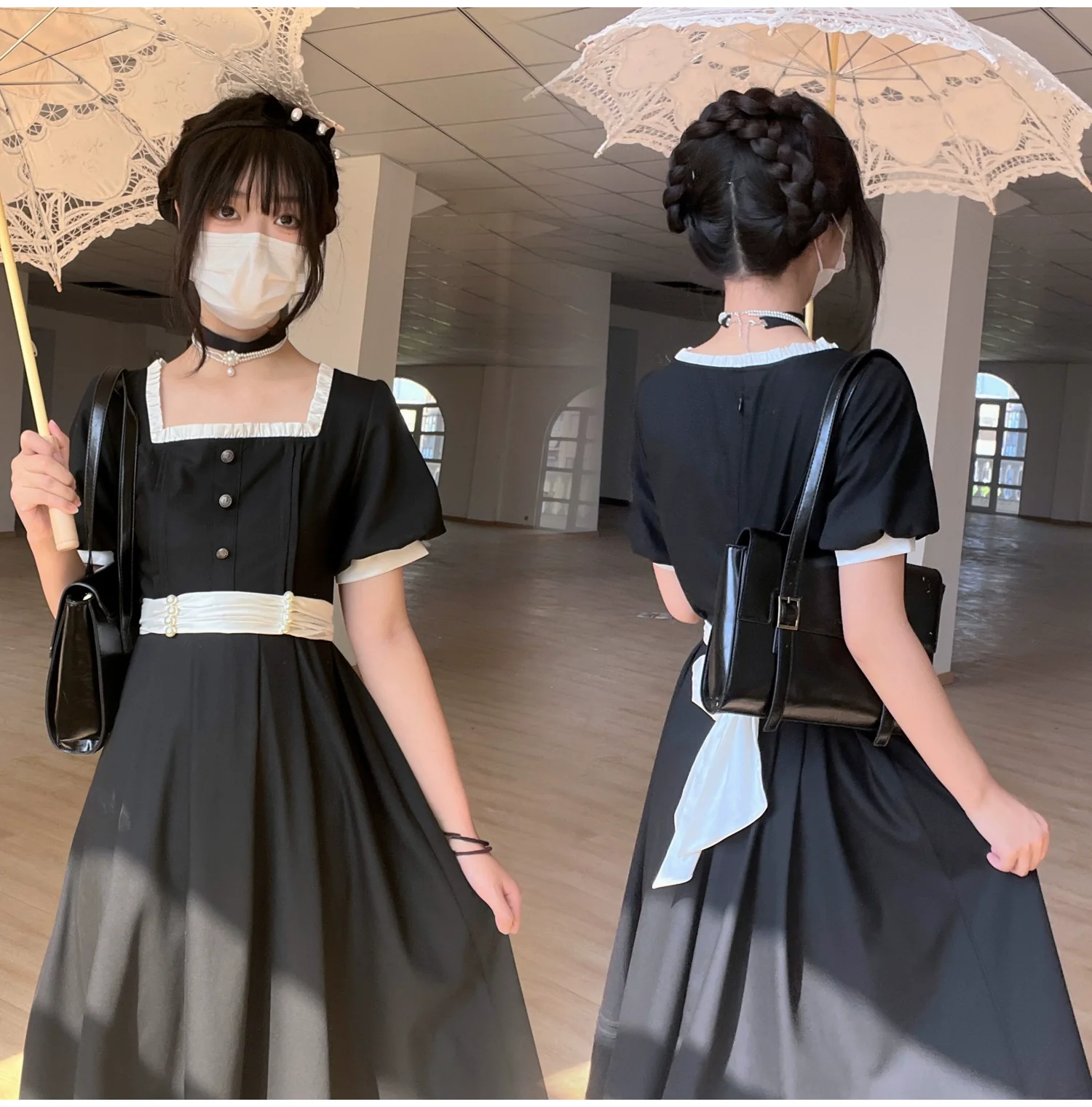 HuTaoMuJK - Thoughts - Vintage Lolita OP Dress Square Neckline Black Lolita Dress - Image 8