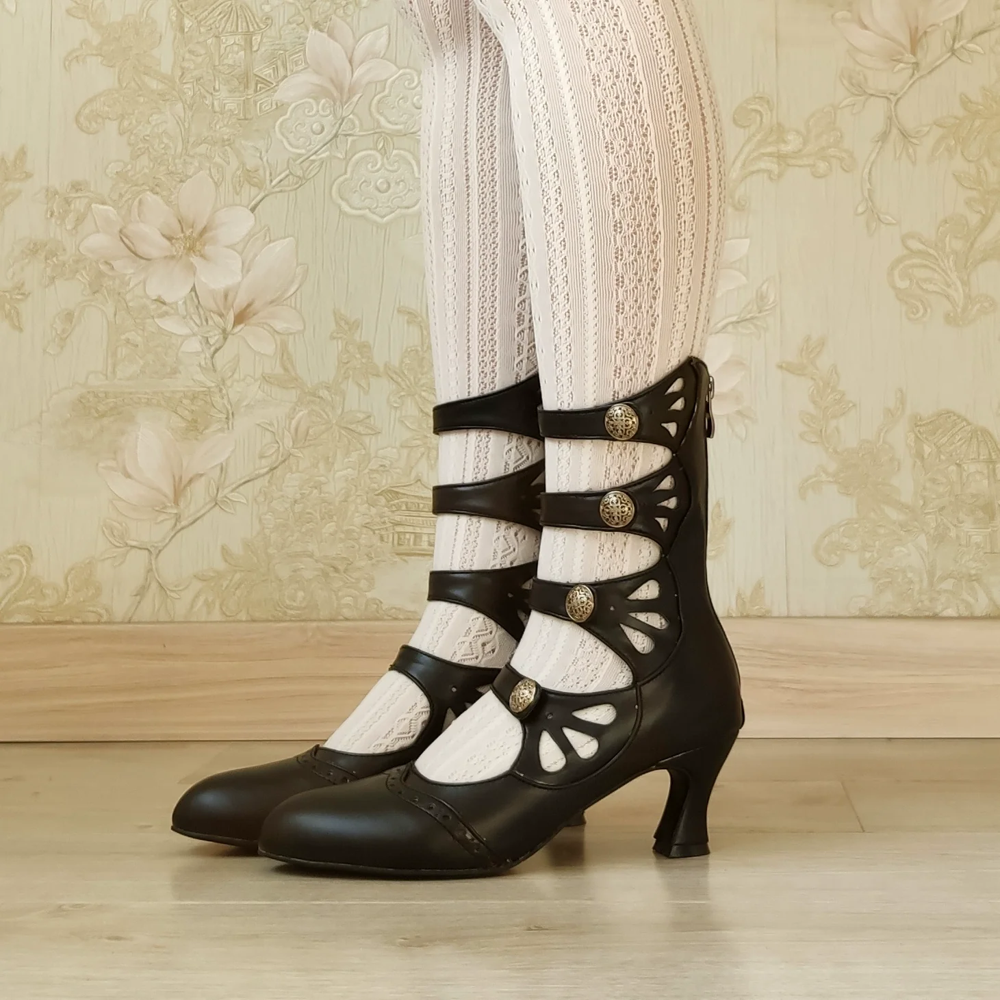 Floral Carved - Vintage Lolita Shoes Mary Jane Hollow-out Ankle Boots - Image 12