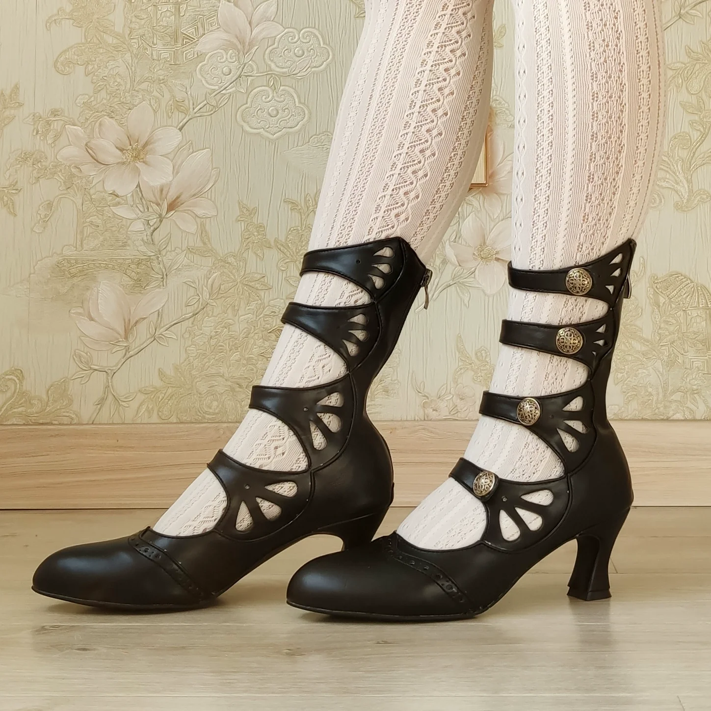 Floral Carved - Vintage Lolita Shoes Mary Jane Hollow-out Ankle Boots - Image 15
