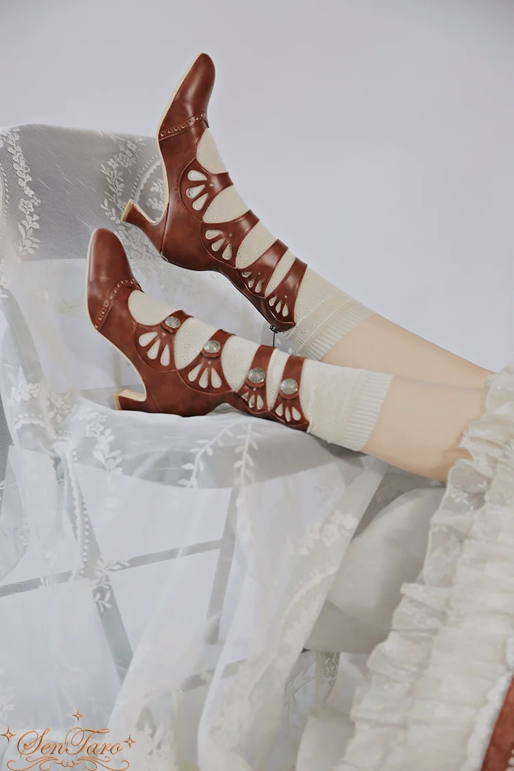 Floral Carved - Vintage Lolita Shoes Mary Jane Hollow-out Ankle Boots - Image 29