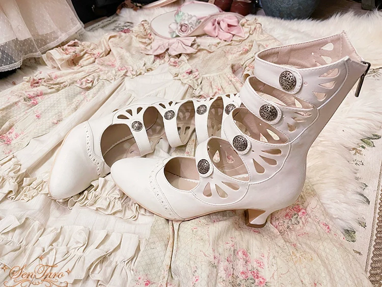 Floral Carved - Vintage Lolita Shoes Mary Jane Hollow-out Ankle Boots - Image 31