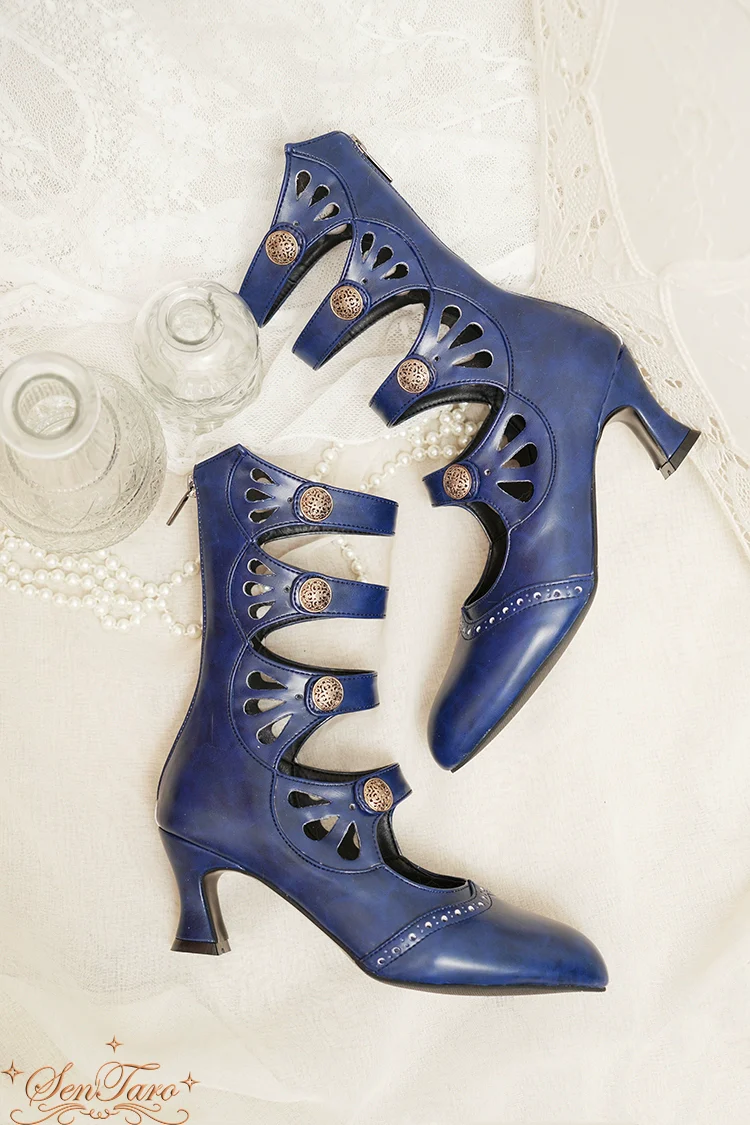 Floral Carved - Vintage Lolita Shoes Mary Jane Hollow-out Ankle Boots - Image 42