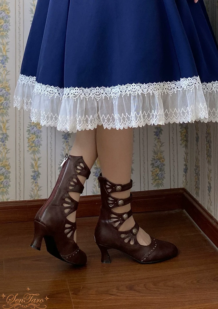 Floral Carved - Vintage Lolita Shoes Mary Jane Hollow-out Ankle Boots - Image 51