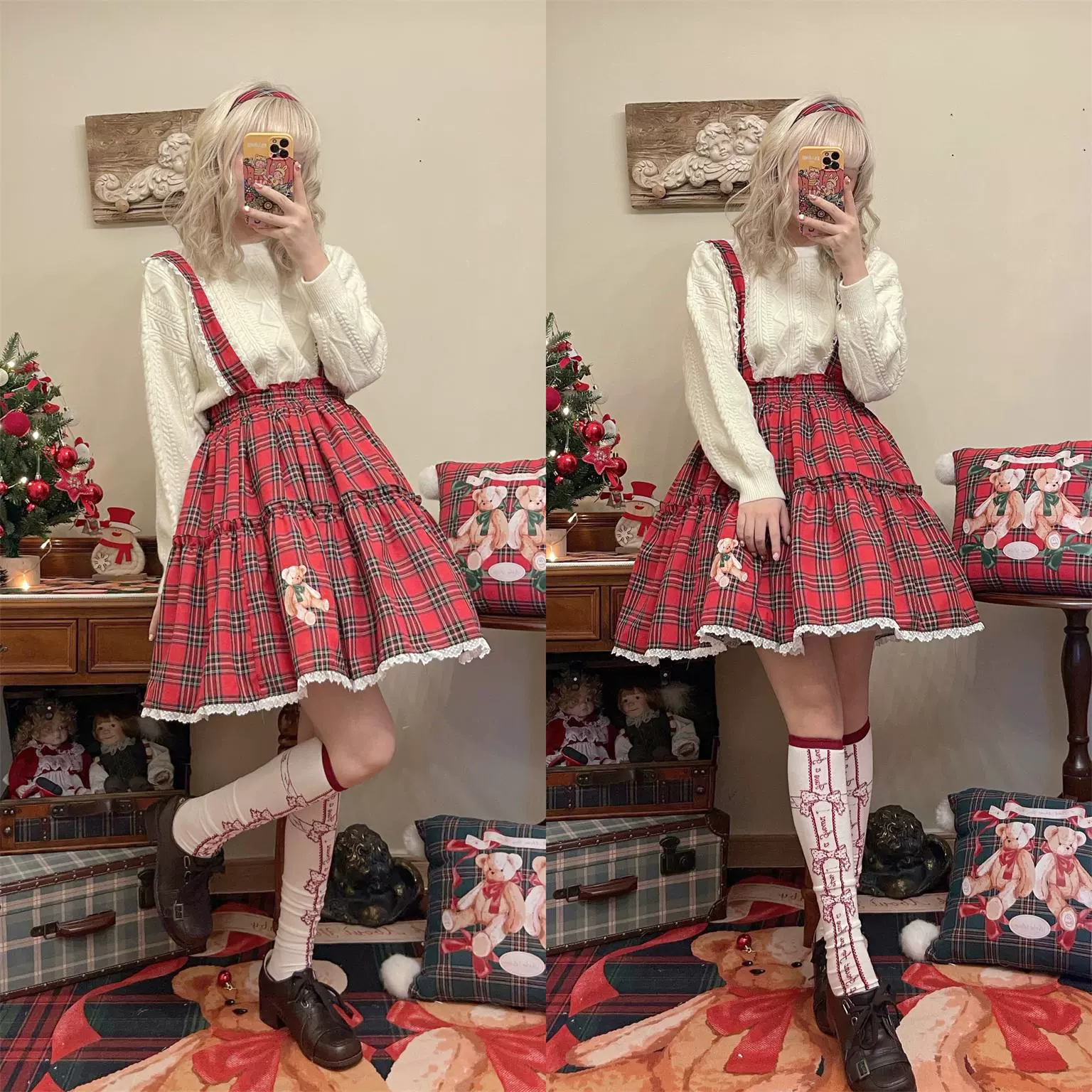 Christmas Vintage Lolita Skirts Doll Collar Blouse Plaid Skirt Set - Image 14