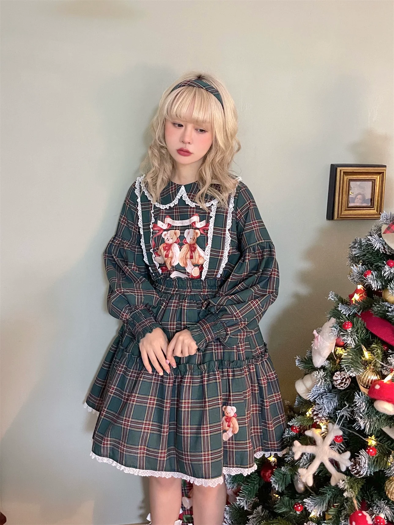 Christmas Vintage Lolita Skirts Doll Collar Blouse Plaid Skirt Set - Image 18