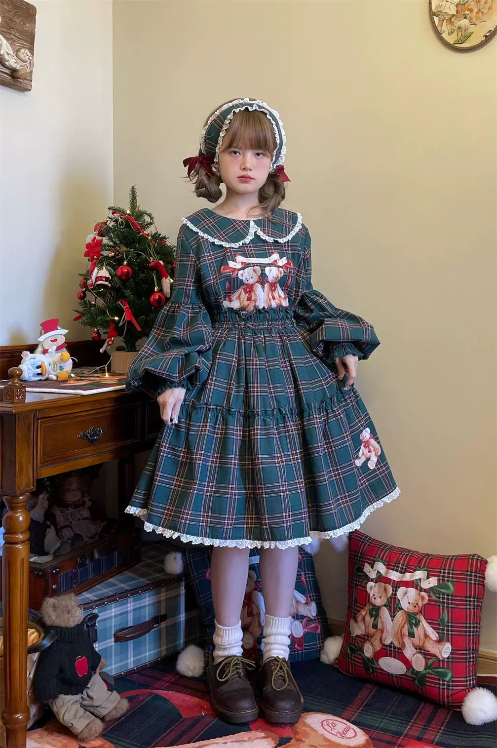 Christmas Vintage Lolita Skirts Doll Collar Blouse Plaid Skirt Set - Image 22