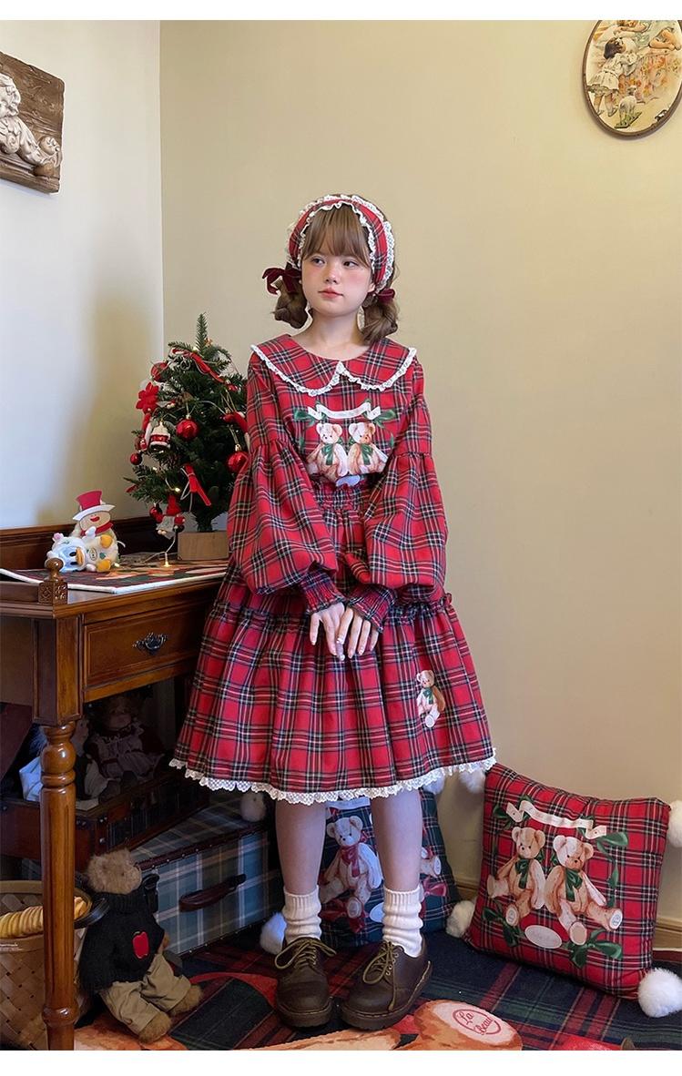Christmas Vintage Lolita Skirts Doll Collar Blouse Plaid Skirt Set - Image 6