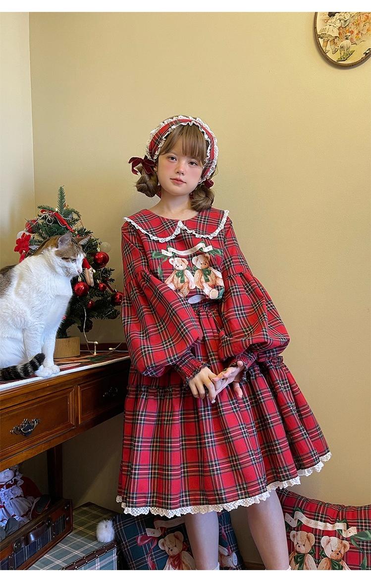 Christmas Vintage Lolita Skirts Doll Collar Blouse Plaid Skirt Set - Image 9
