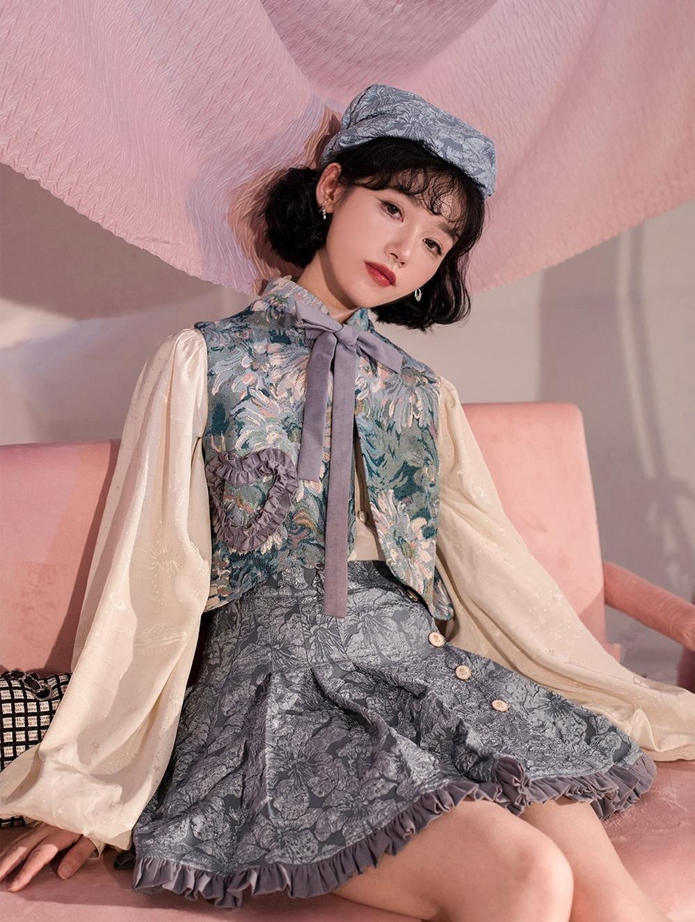 Gilded Age - Vintage Lolita Vest Suit, Oil Painting Style Skirt Coat - Image 7