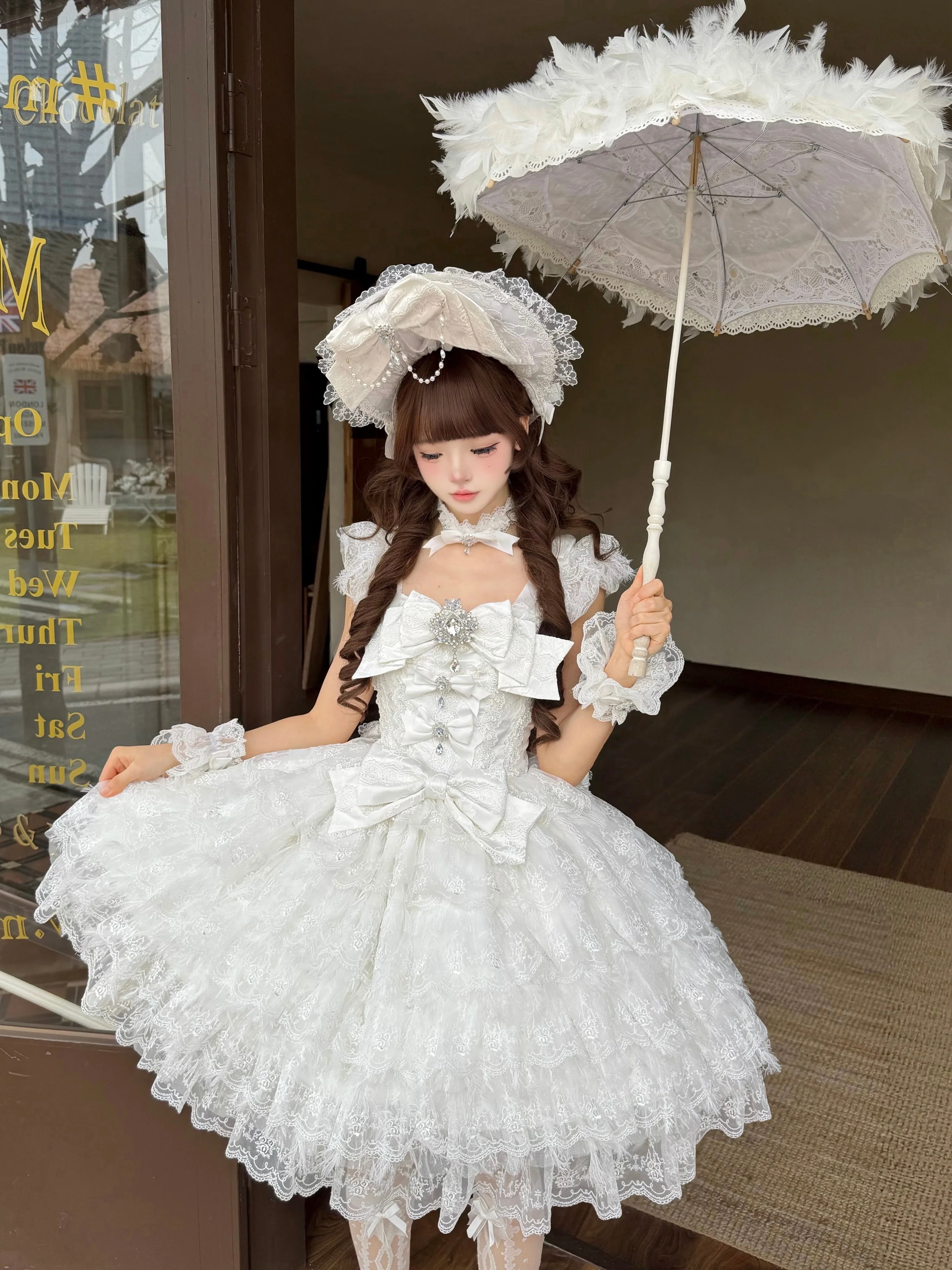 Snow Feather - Wedding Sweet Lolita JSK Dress, Multi-layered Lace Skirt