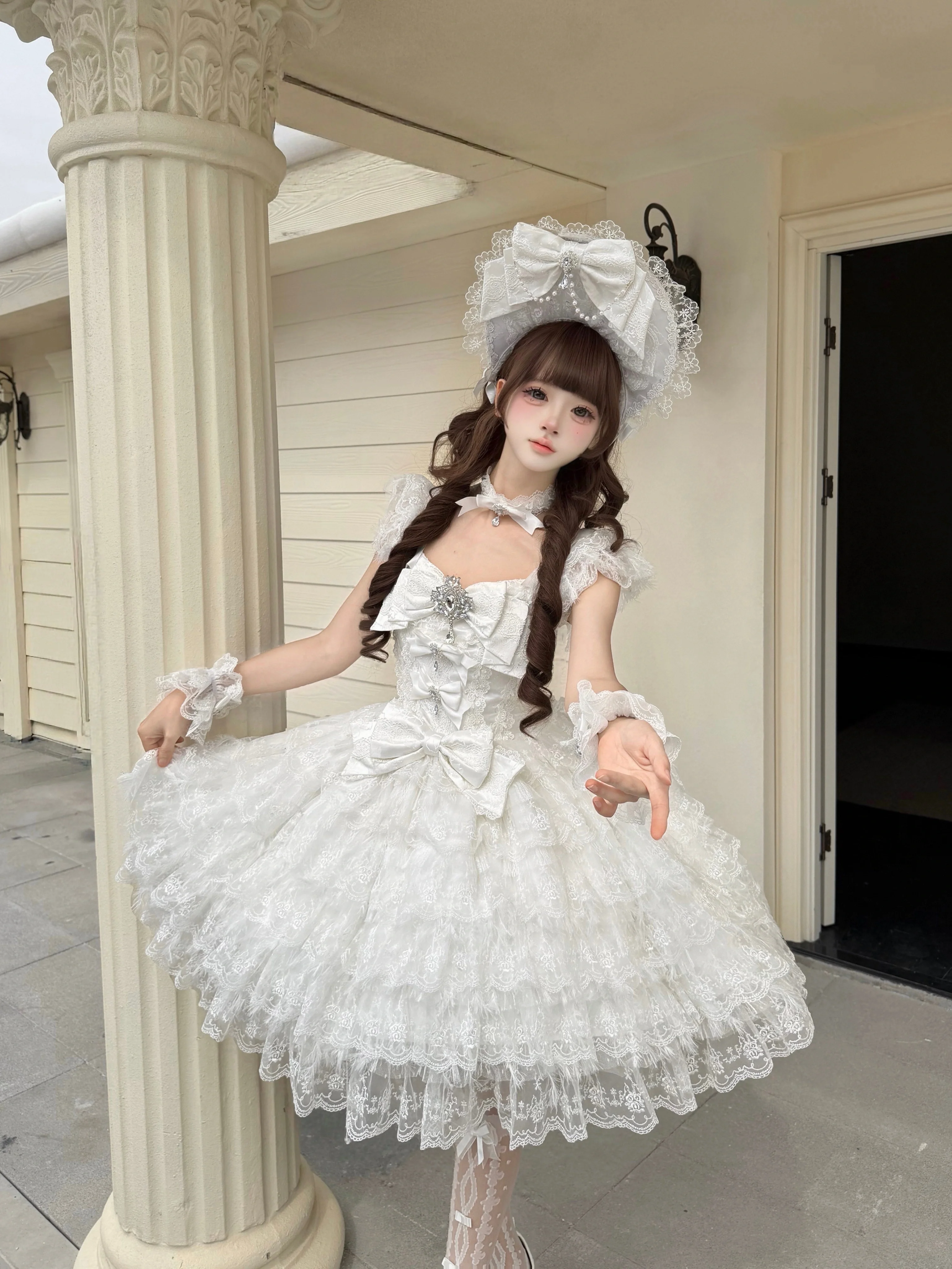 Snow Feather - Wedding Sweet Lolita JSK Dress, Multi-layered Lace Skirt - Image 4