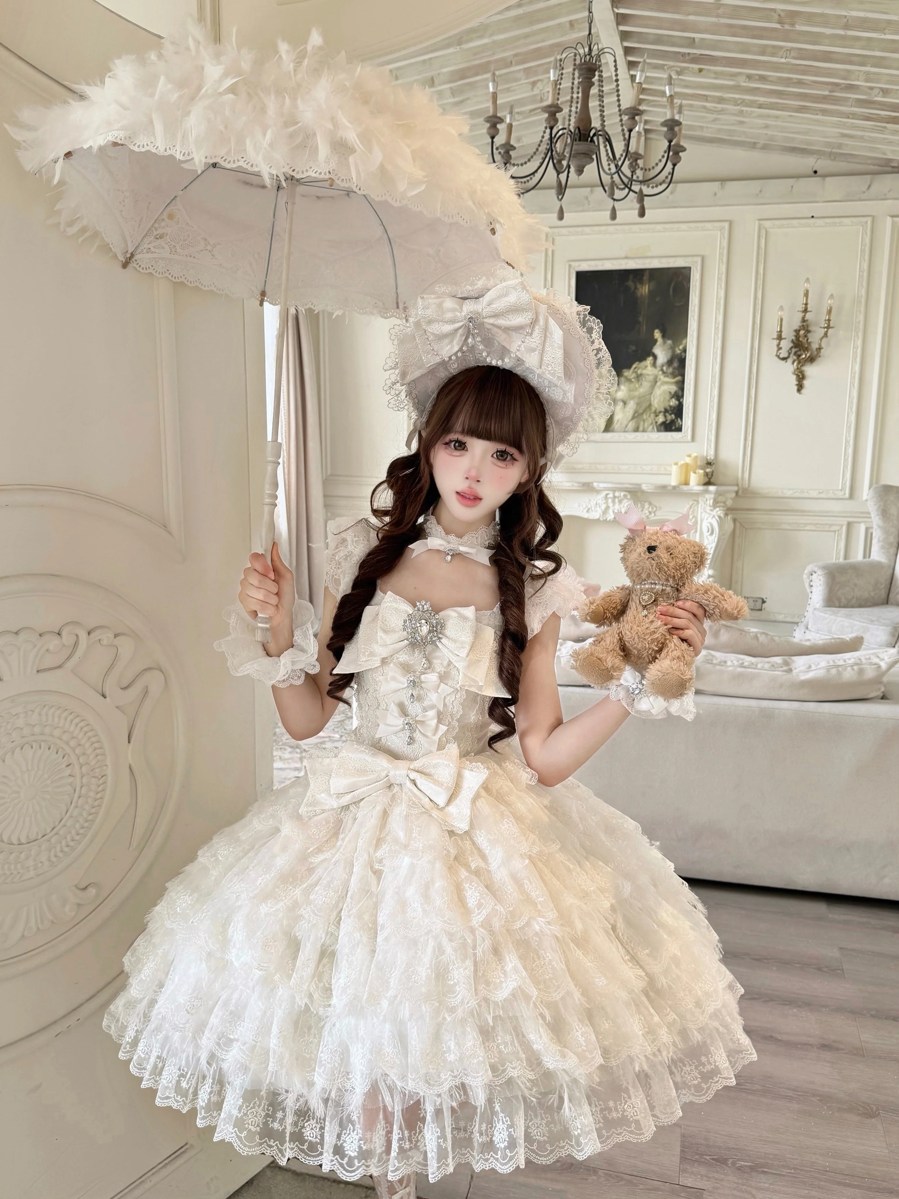 Snow Feather - Wedding Sweet Lolita JSK Dress, Multi-layered Lace Skirt - Image 5