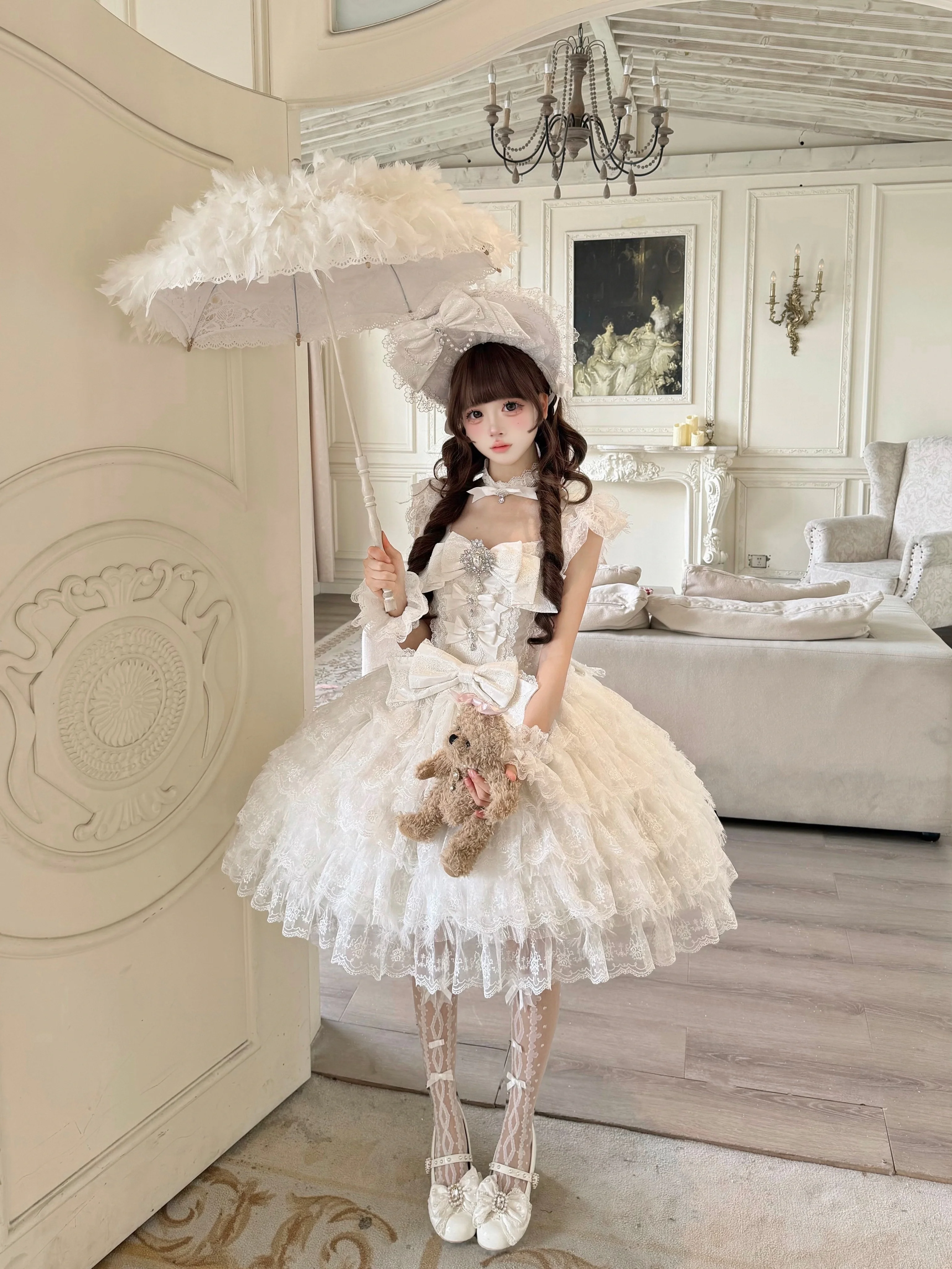 Snow Feather - Wedding Sweet Lolita JSK Dress, Multi-layered Lace Skirt - Image 6