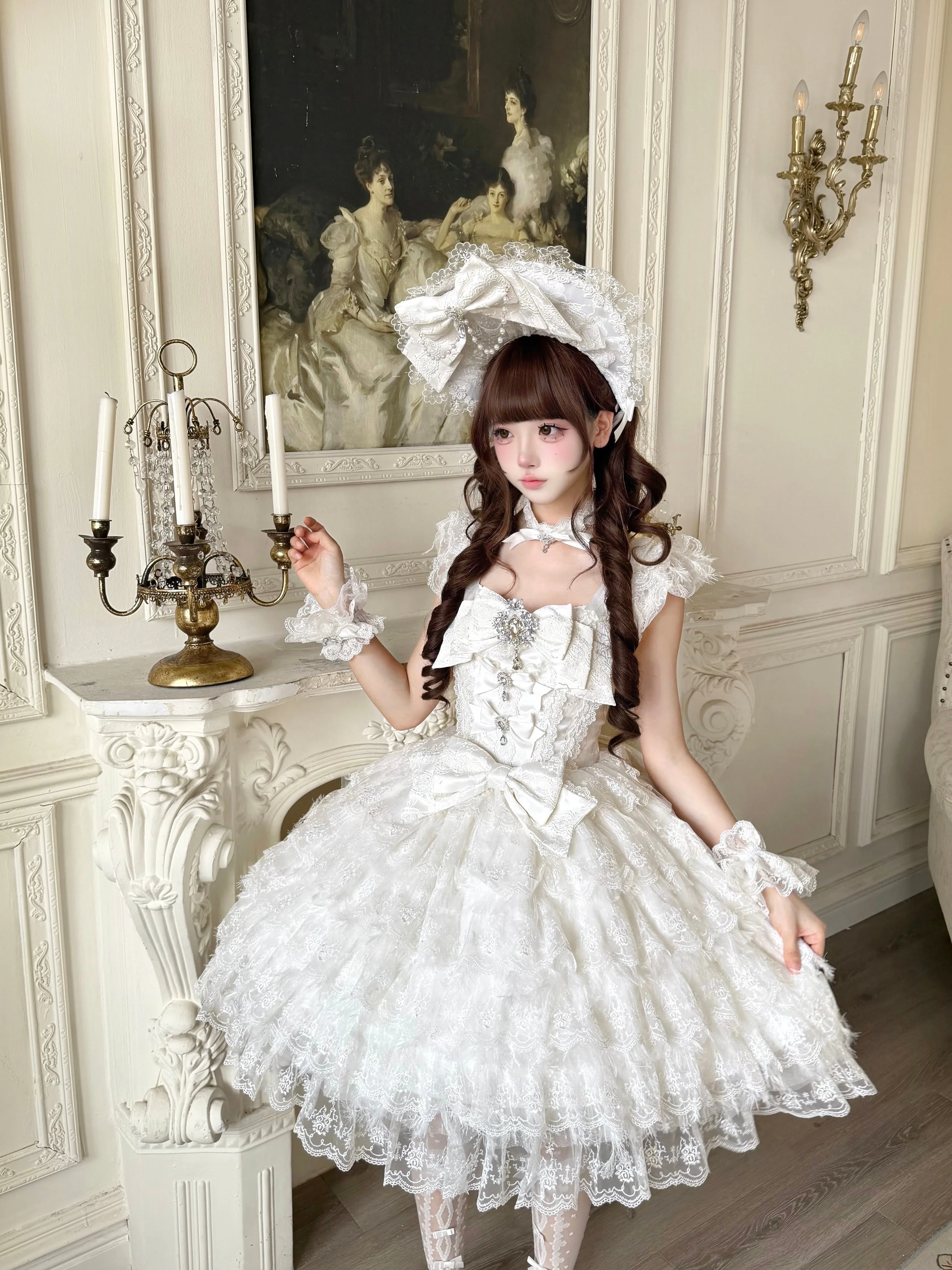 Snow Feather - Wedding Sweet Lolita JSK Dress, Multi-layered Lace Skirt - Image 7