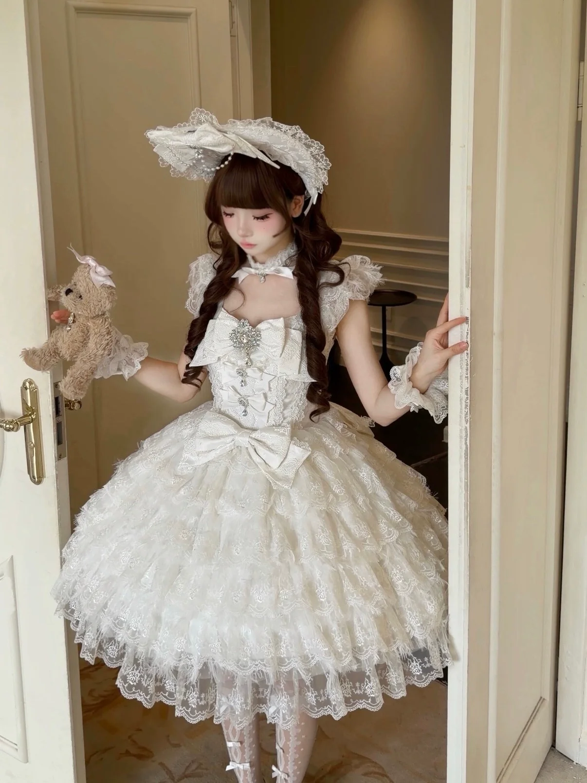 Snow Feather - Wedding Sweet Lolita JSK Dress, Multi-layered Lace Skirt - Image 8