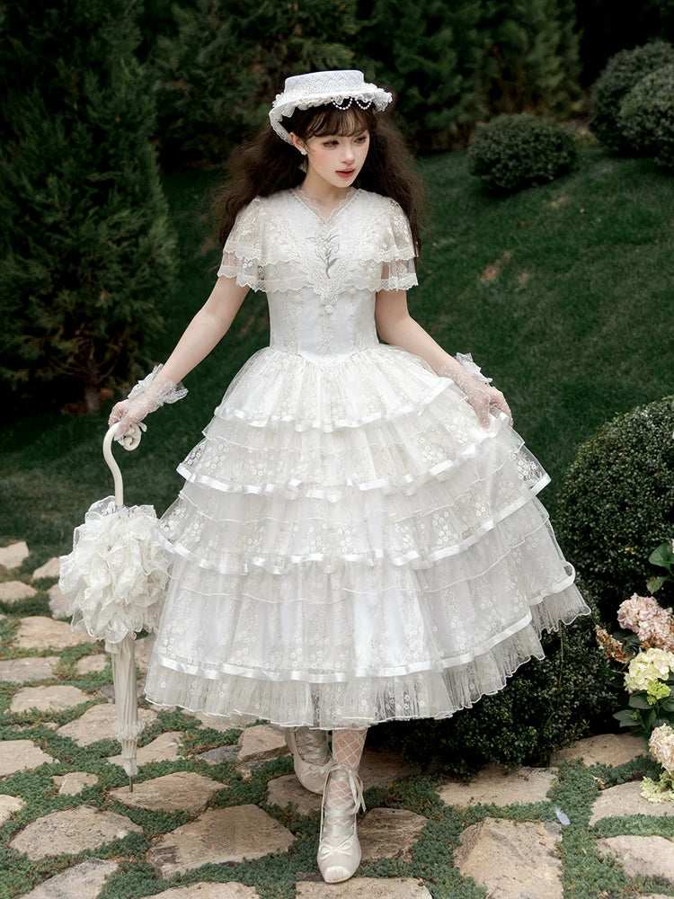 Morning Dew Lily - White Classic Lolita OP Dress, Tiered Skirt