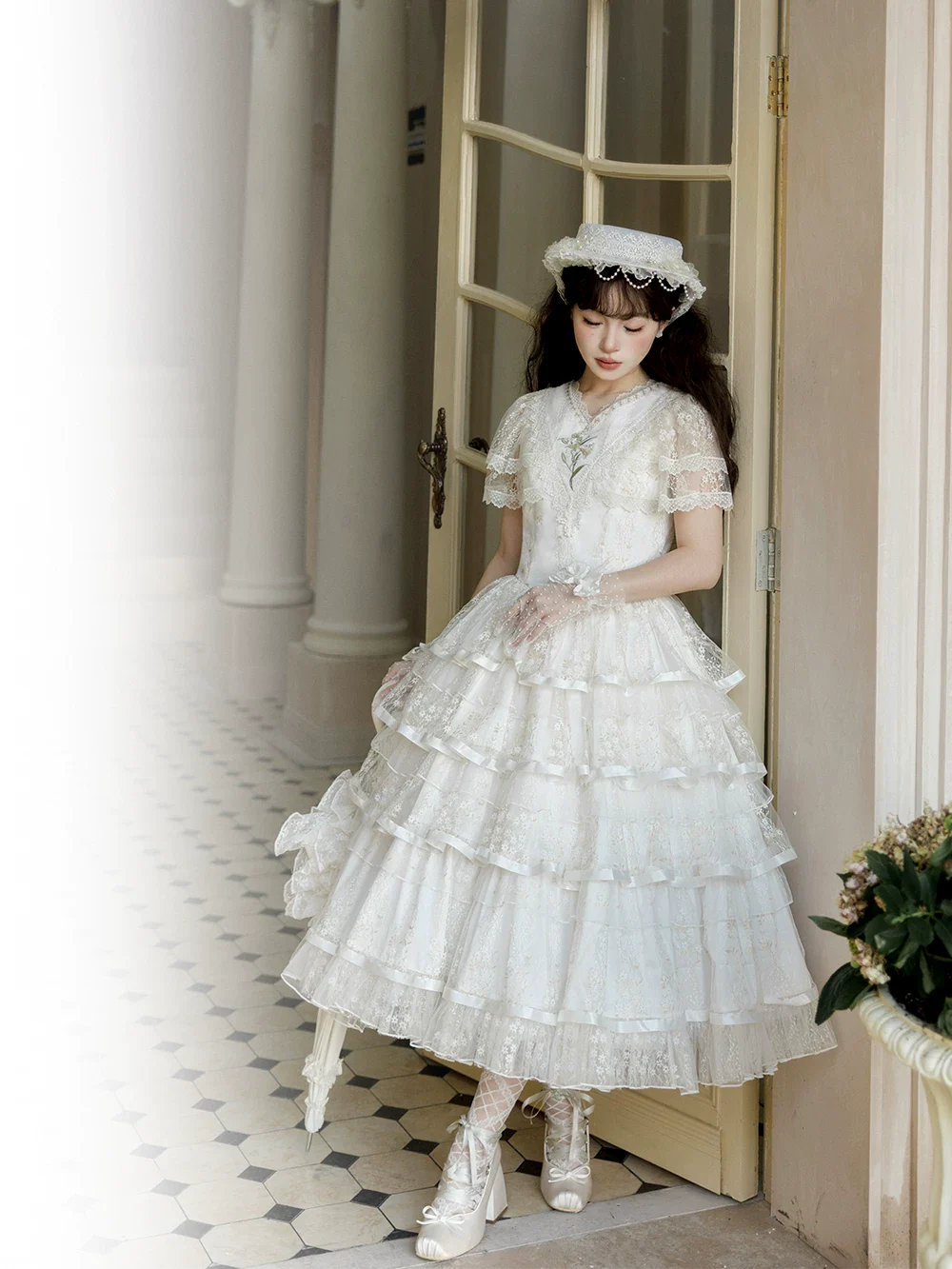 Morning Dew Lily - White Classic Lolita OP Dress, Tiered Skirt - Image 11