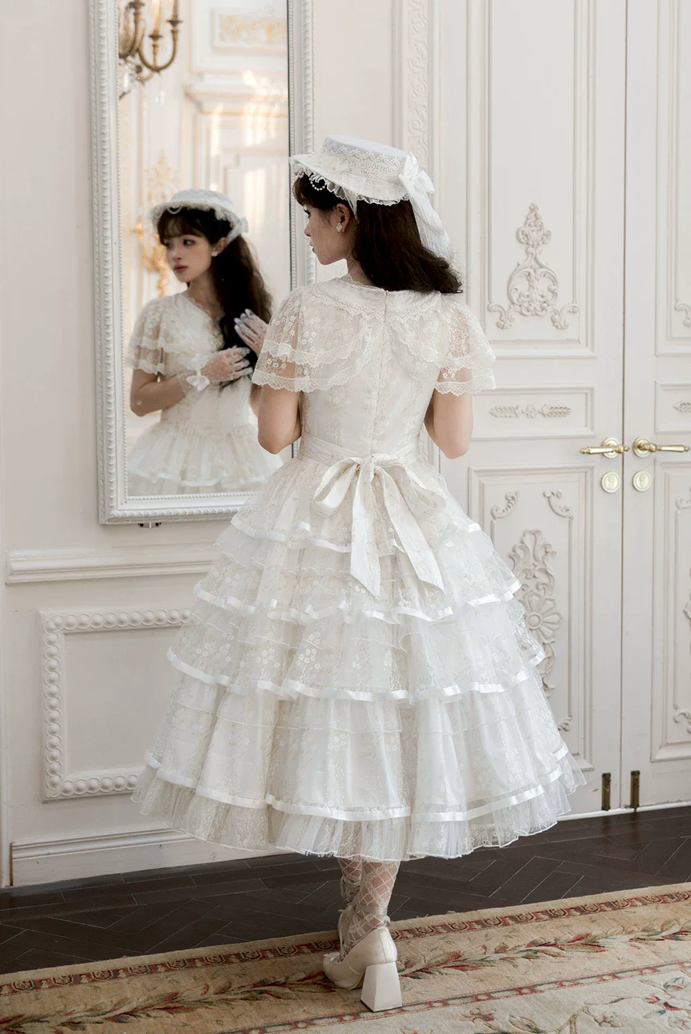 Morning Dew Lily - White Classic Lolita OP Dress, Tiered Skirt - Image 2