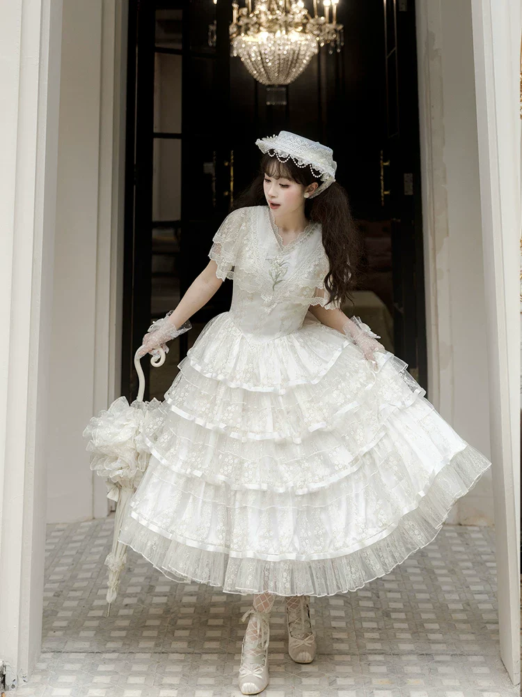 Morning Dew Lily - White Classic Lolita OP Dress, Tiered Skirt - Image 3