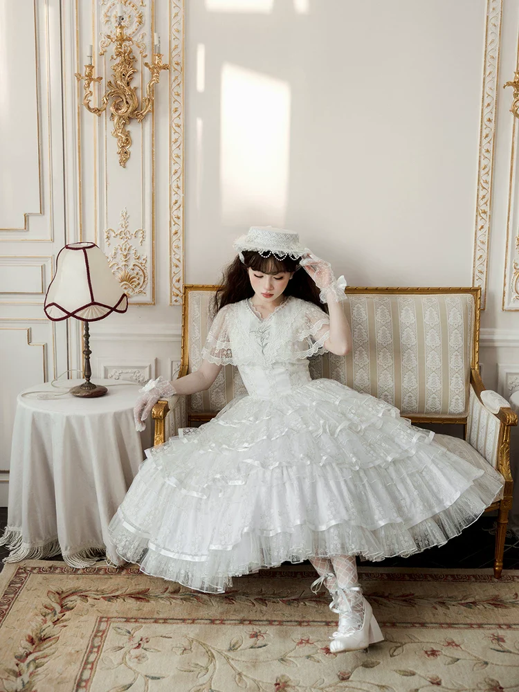 Morning Dew Lily - White Classic Lolita OP Dress, Tiered Skirt - Image 4