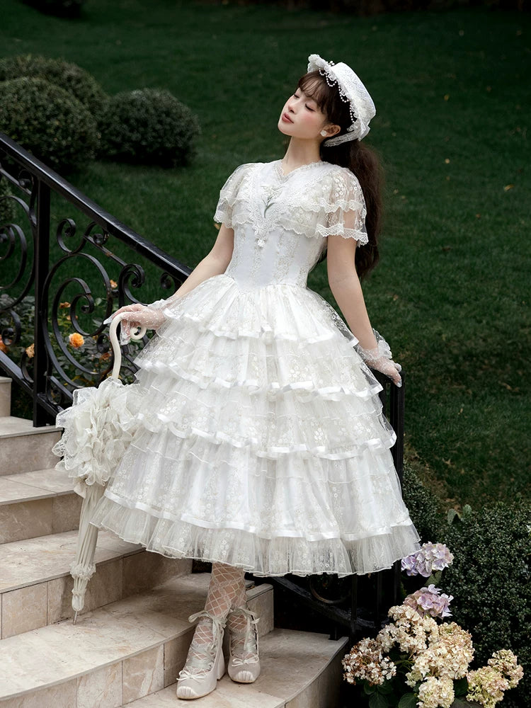 Morning Dew Lily - White Classic Lolita OP Dress, Tiered Skirt - Image 5