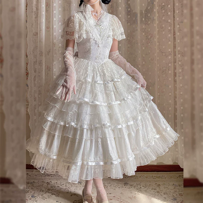 Morning Dew Lily - White Classic Lolita OP Dress, Tiered Skirt - Image 6